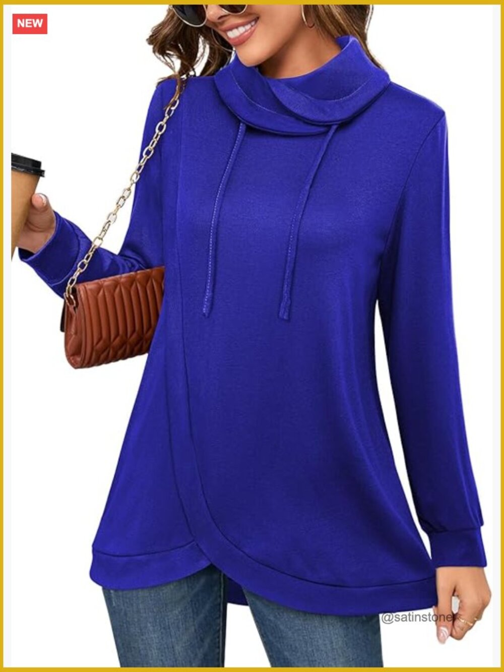 Polyester Spandex Cowl Neck Tunic Sweatshirt Tulip Hem Pullover